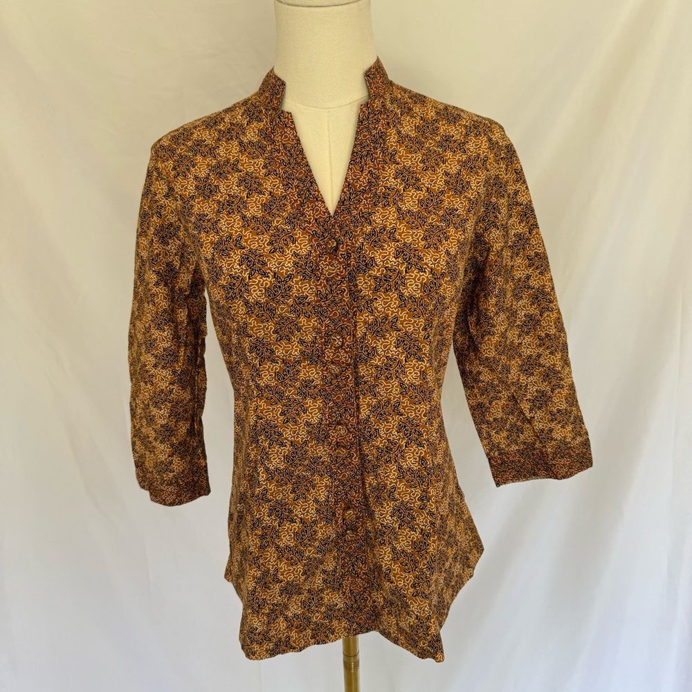 Keris Fashion 100% Cotton Floral Woodblock Print Boho V-Neck Button Front Top M